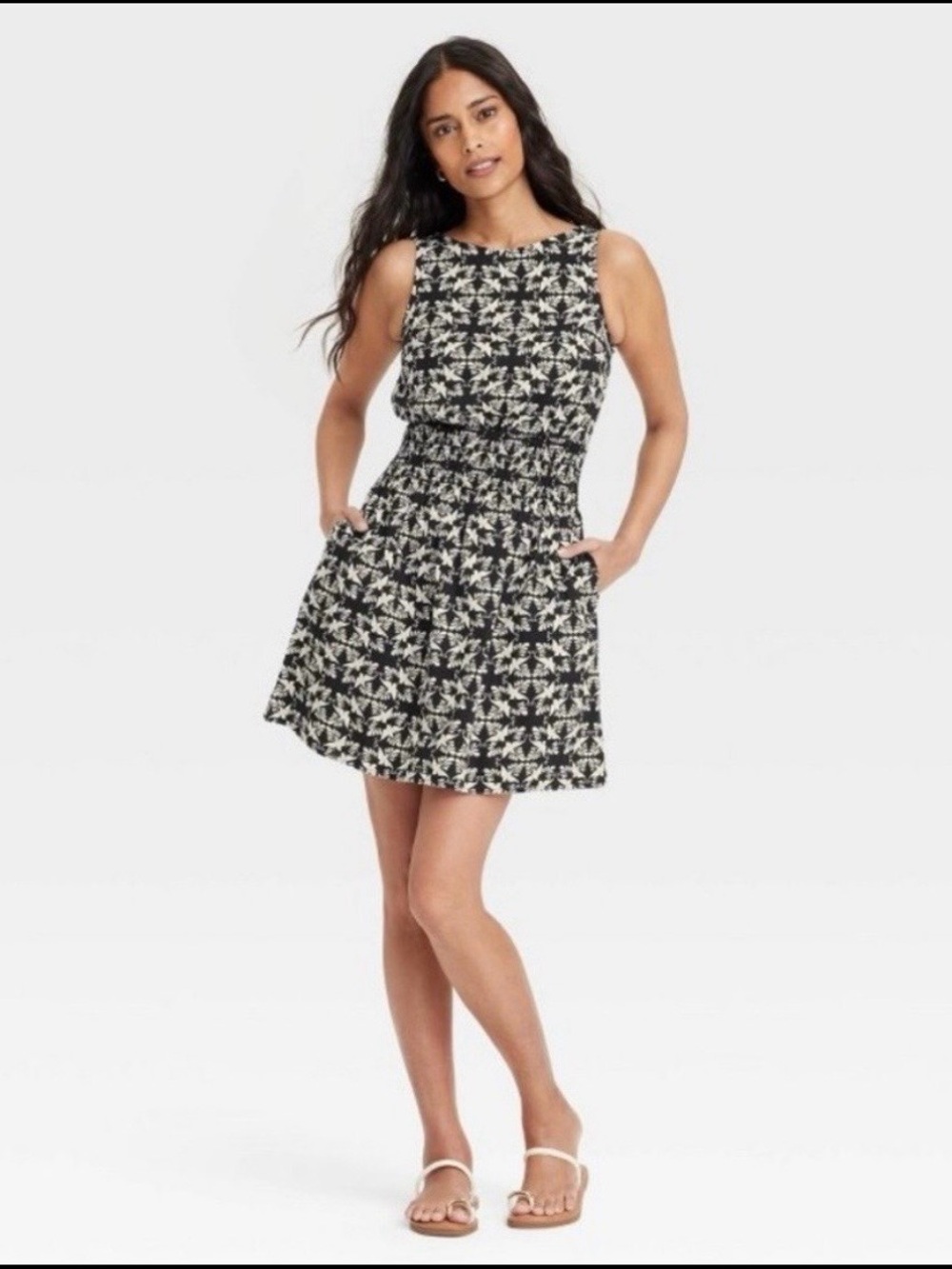 Cotton Blend Black/Cream Geometric Print‎ Smocked Waist Pocket Tank Dress Large